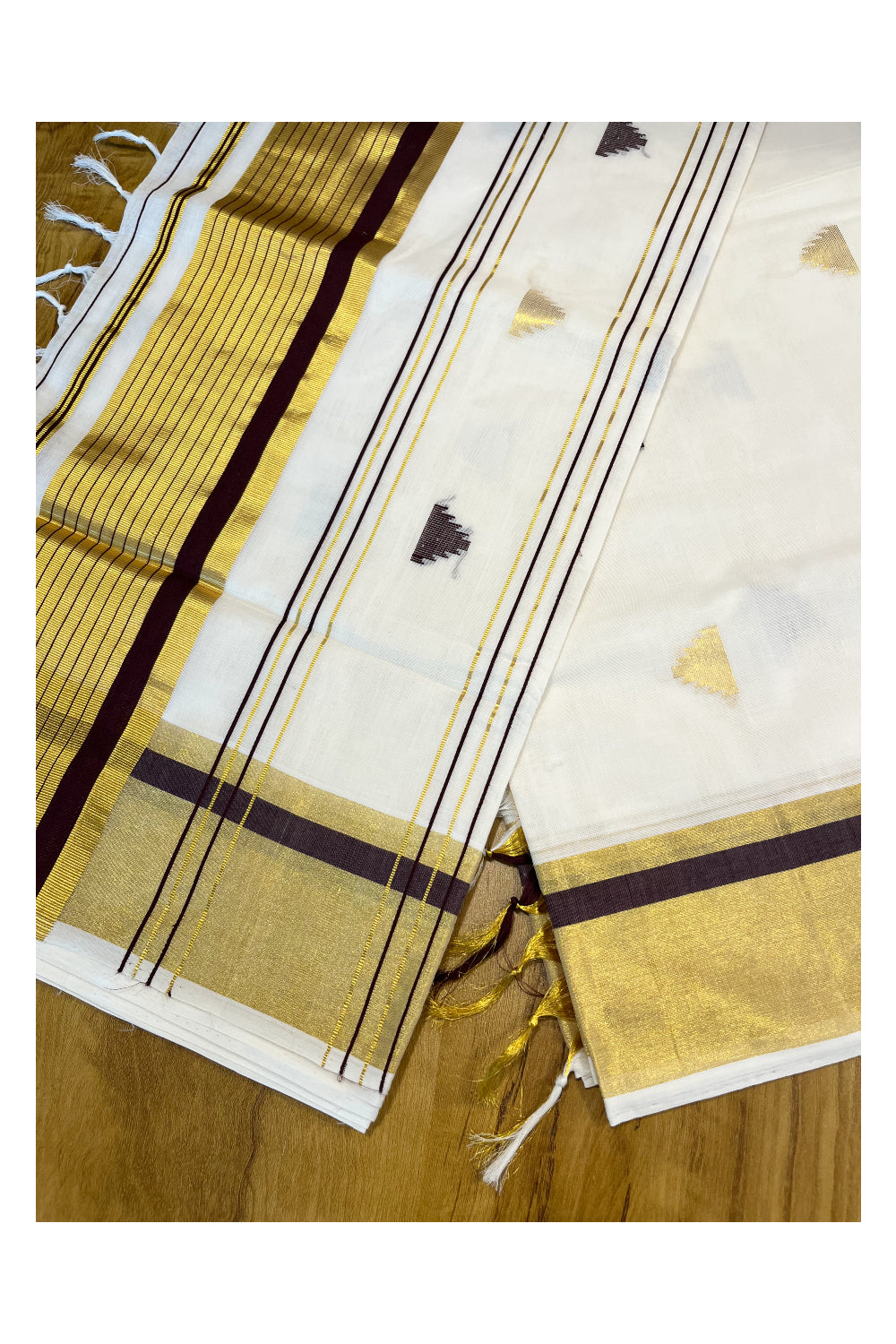 Southloom Premium Handloom Cotton Kasavu Saree with Golden And Brown Temple Woven Motifs