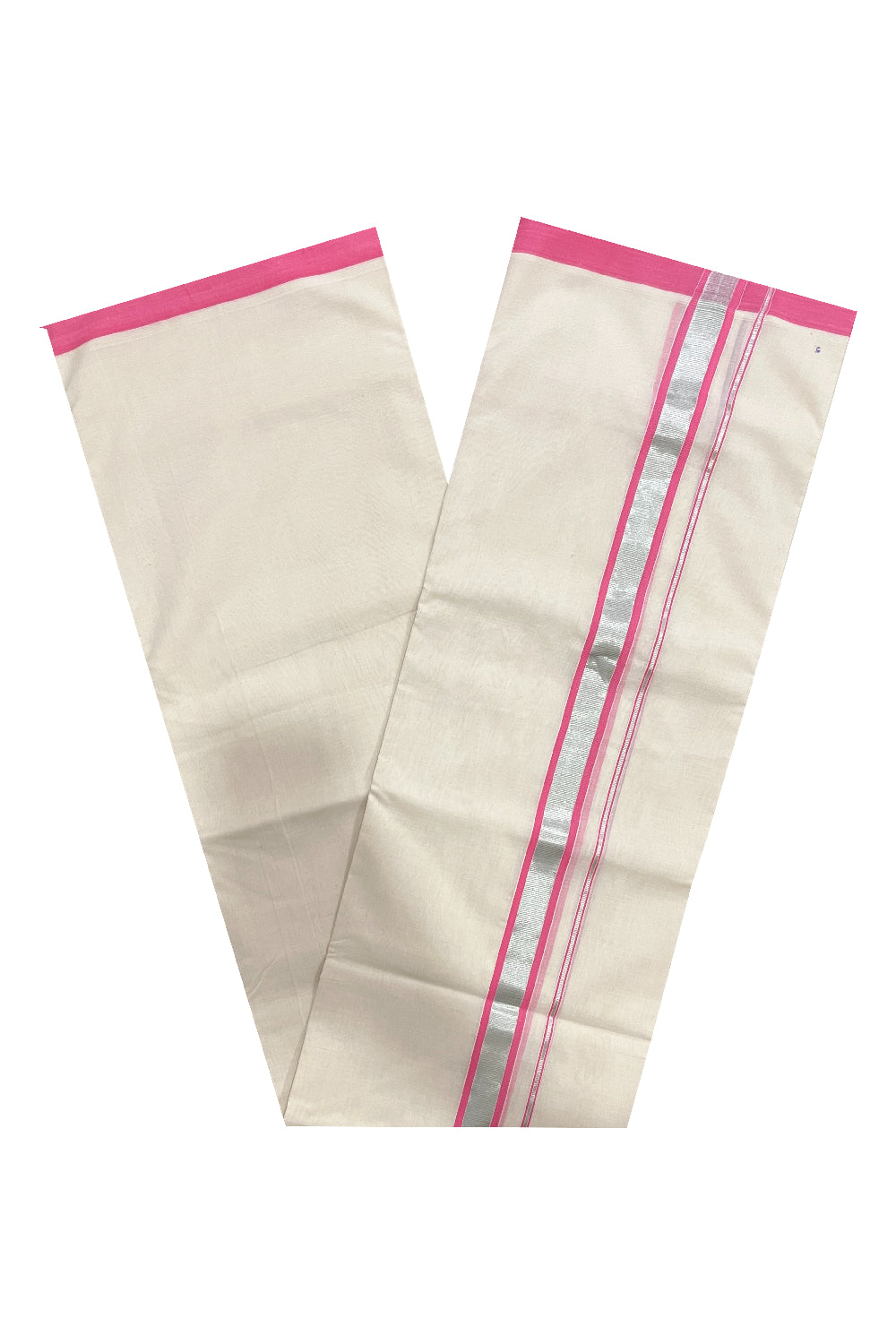 Southloom Premium Balaramapuram Unakkupaavu Handloom Mundu with Pink and Silver Kasavu Border (South Indian Kerala Dhoti)