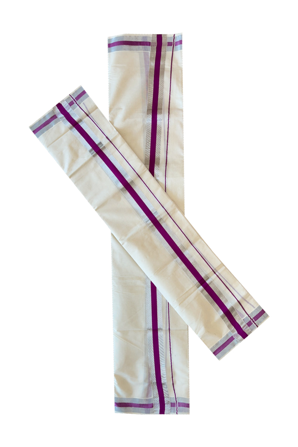 Cotton Mundum Neriyathum Double (Set Mundu) with Magenta and Silver Kasavu Border 2.80 Mtrs