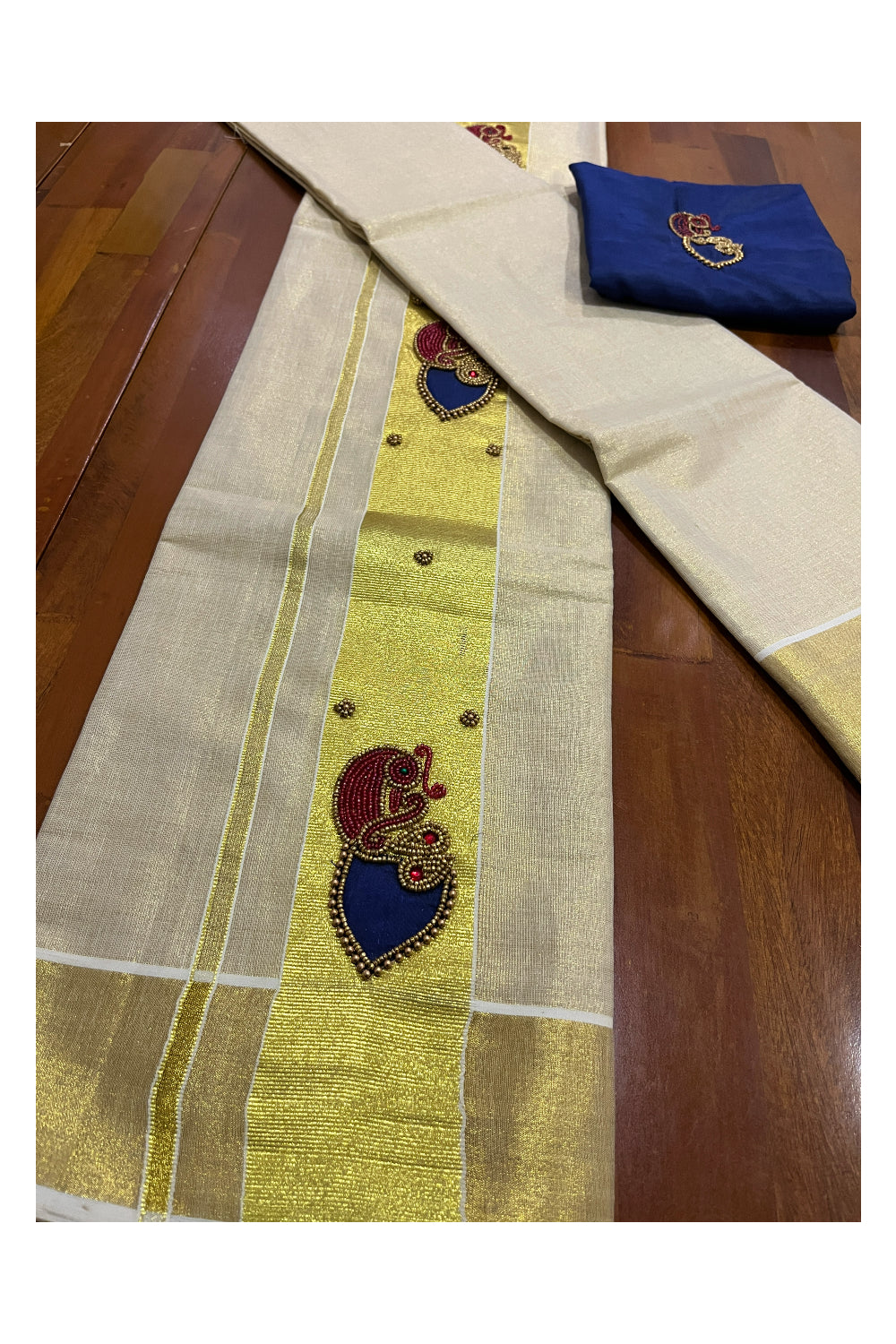 Kerala Tissue Kasavu Set Mundu (Mundum Neriyathum) with Bead Handwork Design and Blue Blouse Piece