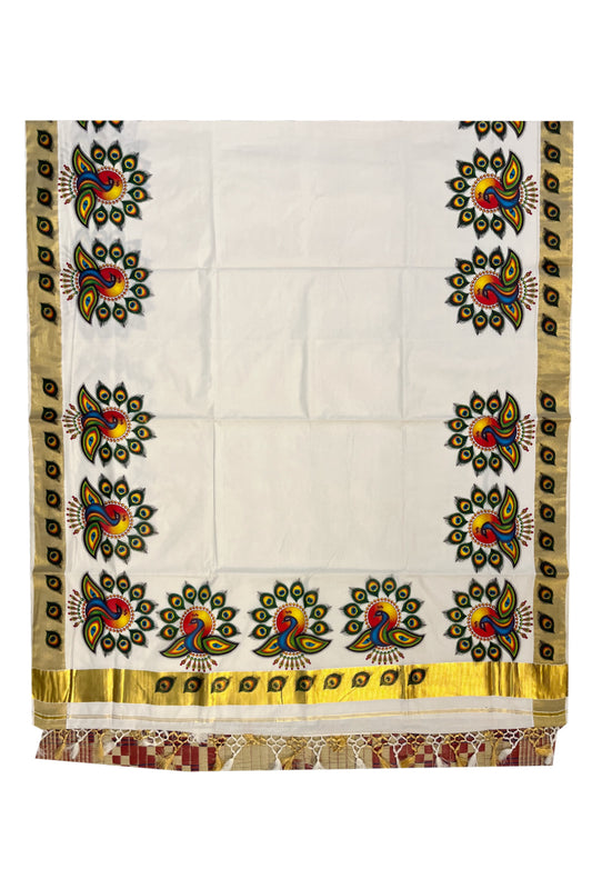 Southloom Pure Cotton Kerala Kasavu Saree with Mural Peacock Printed Art Design and Printed Border