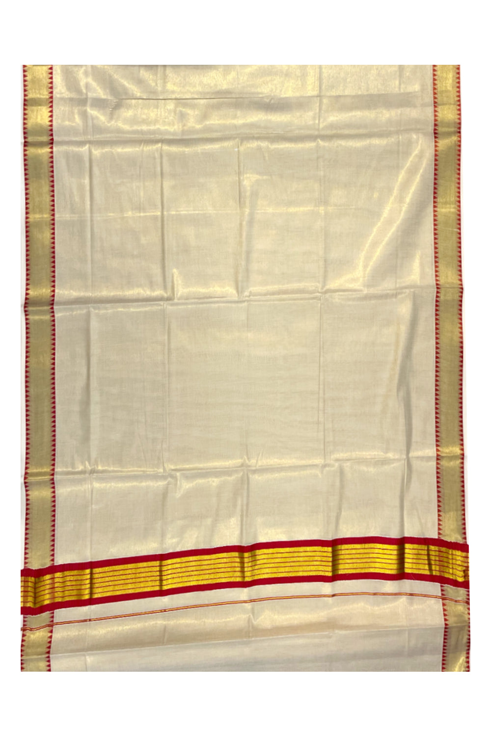 Kerala Tissue Kasavu Saree With Red Temple Woven Works on Border