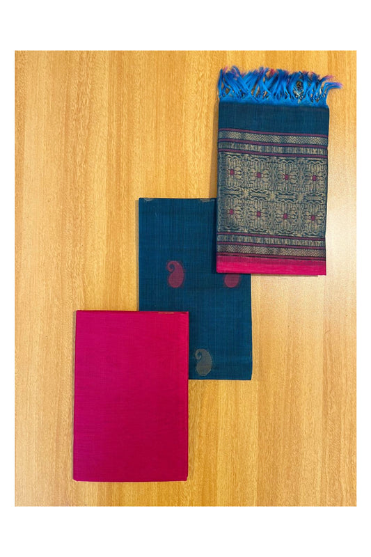 Southloom™ Original Handloom Cotton Pure Silk 3 Piece Blue and Pink Salwar Material with Woven Zari Butta Work