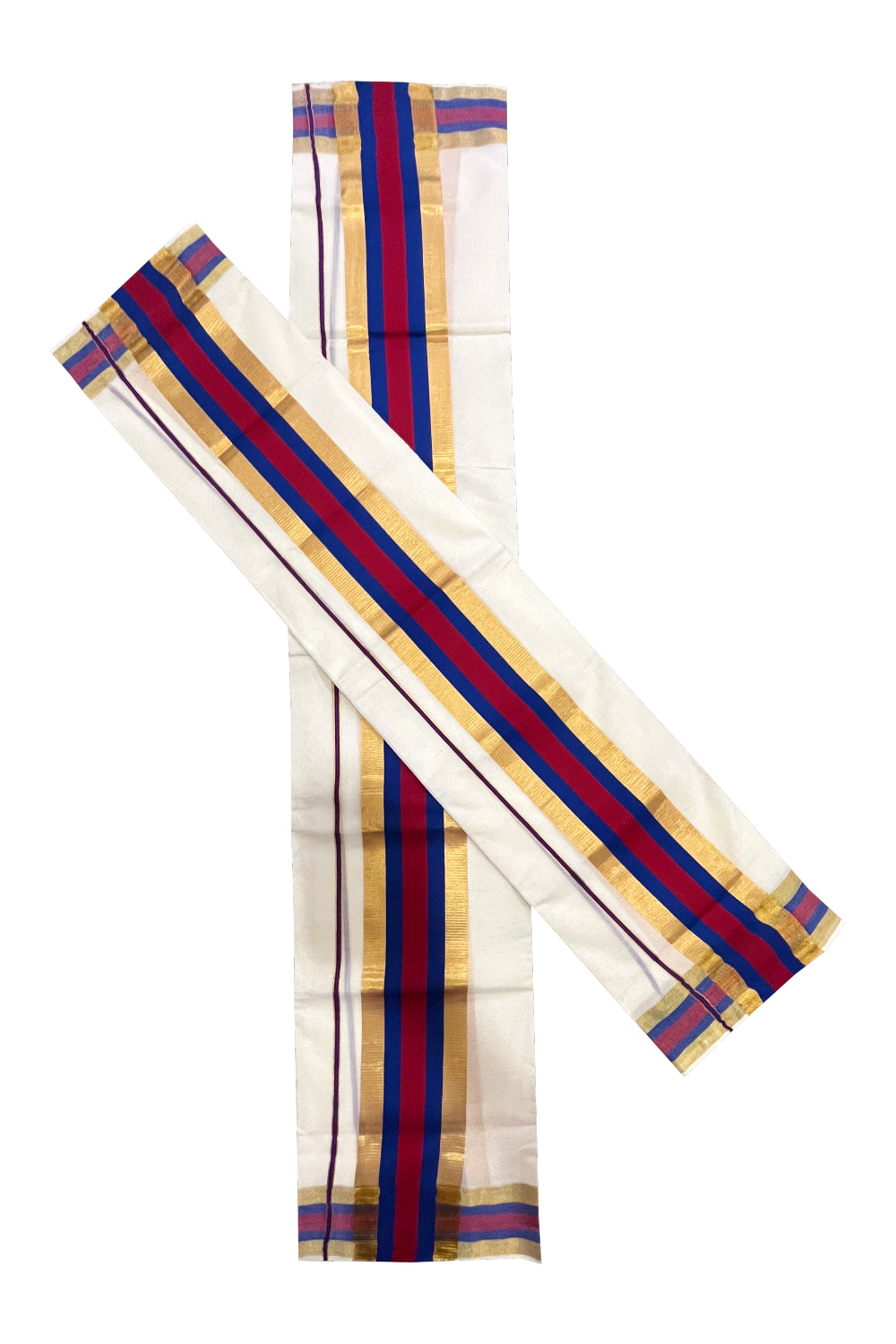 Kerala Cotton Mundum Neriyathum Single (Set Mundu) with Maroon Blue and Kasavu Border