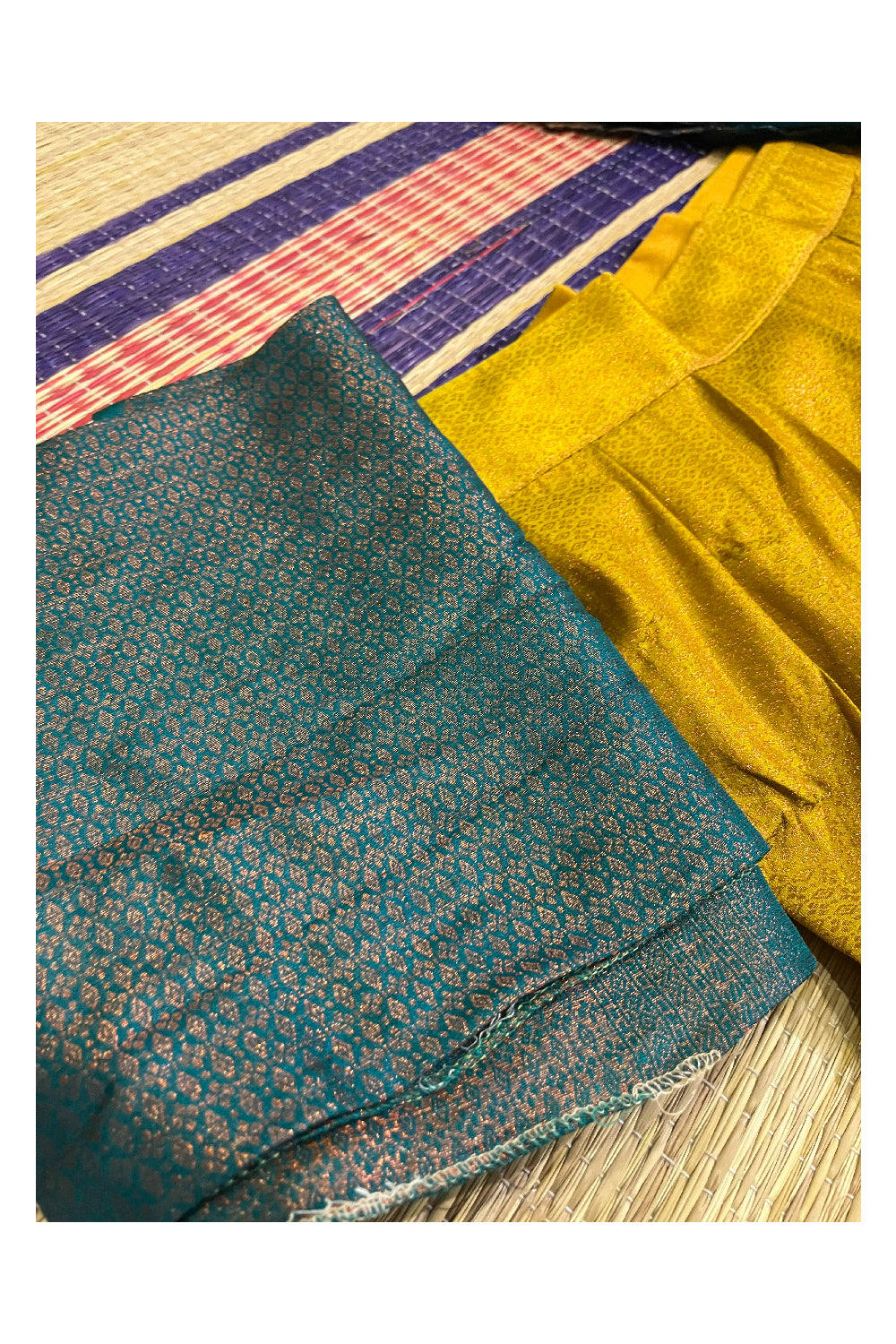 Semi Stitched Premium Semi SIlk Golden Yellow Dhavani Set with Blue Neriyathu and Blouse Piece