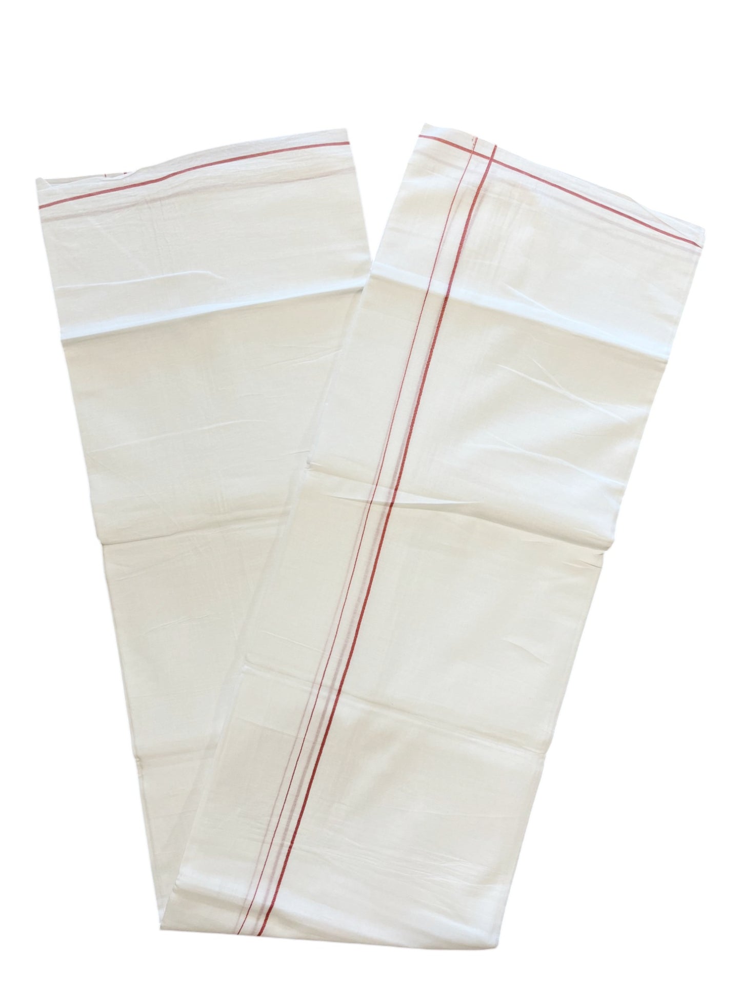 Pure White Cotton Double Mundu with Brick Red Border (South Indian Dhoti)