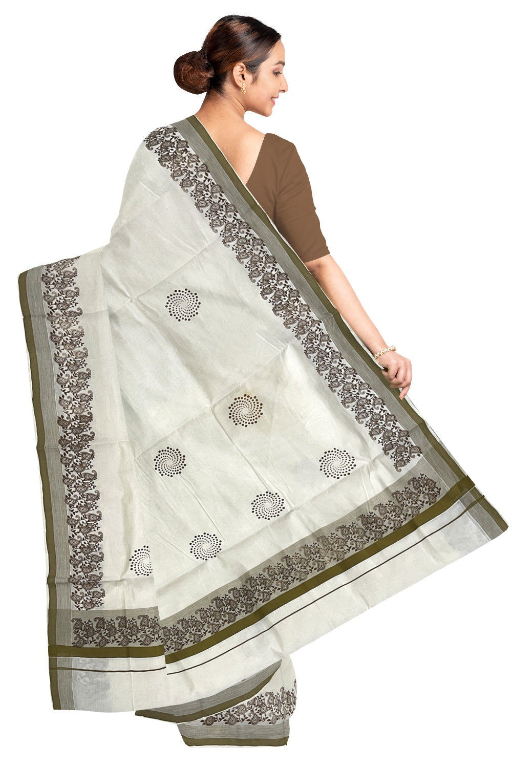 Pure Cotton Off White Kerala Saree with Brown Paisley Block Prints on Border