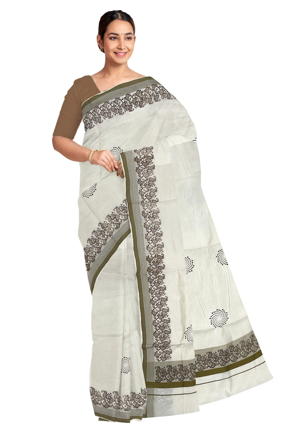 Pure Cotton Off White Kerala Saree with Brown Paisley Block Prints on Border