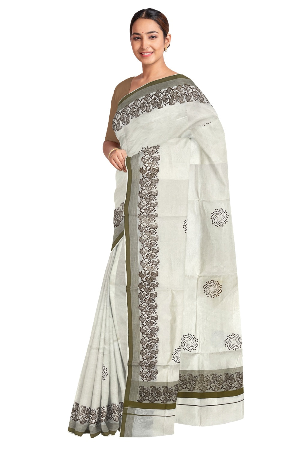 Pure Cotton Off White Kerala Saree with Brown Paisley Block Prints on Border