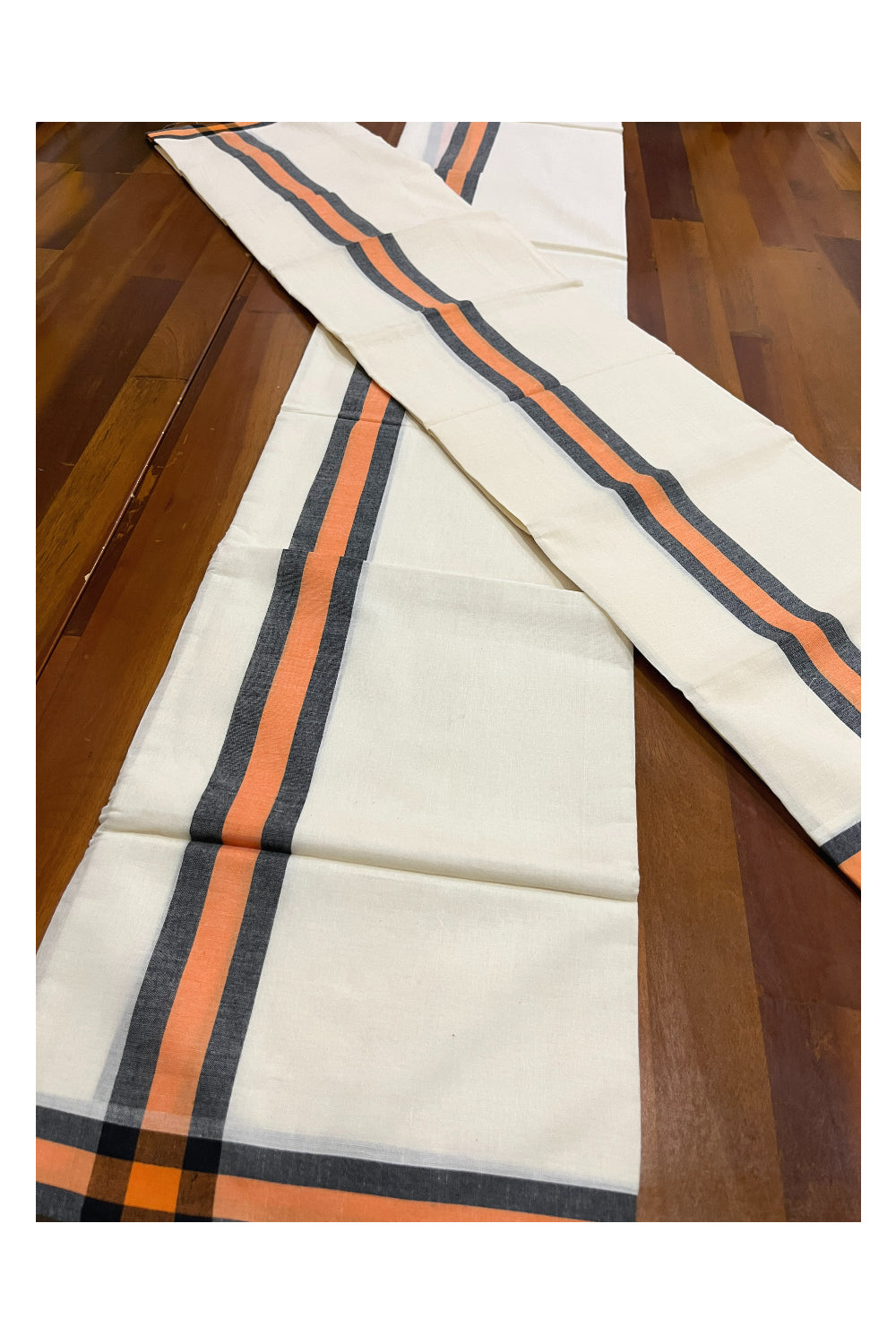 Kerala Cotton Mulloth Single Set Mundu (Mundum Neriyathum) with Orange and Black Border (Extra Soft Cotton) 2.80 Mtrs