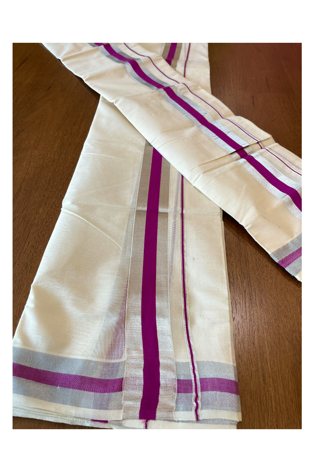 Cotton Mundum Neriyathum Double (Set Mundu) with Magenta and Silver Kasavu Border 2.80 Mtrs