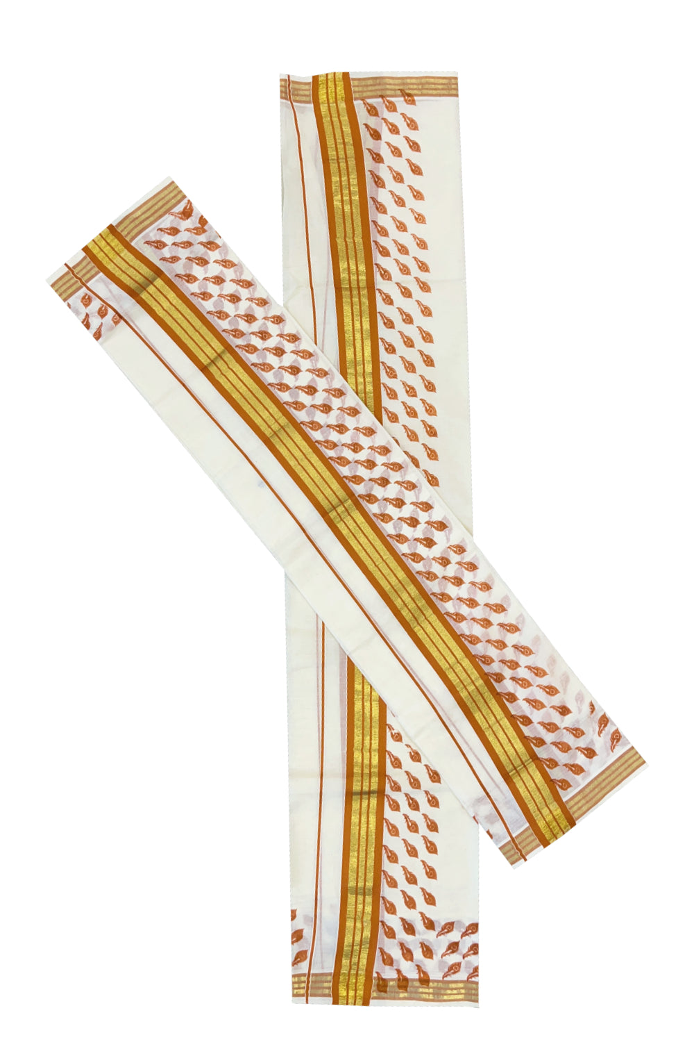 Cotton Single Set Mundu (Mundu Neriyathum) with Orange Feather Block Prints and Kasavu Border