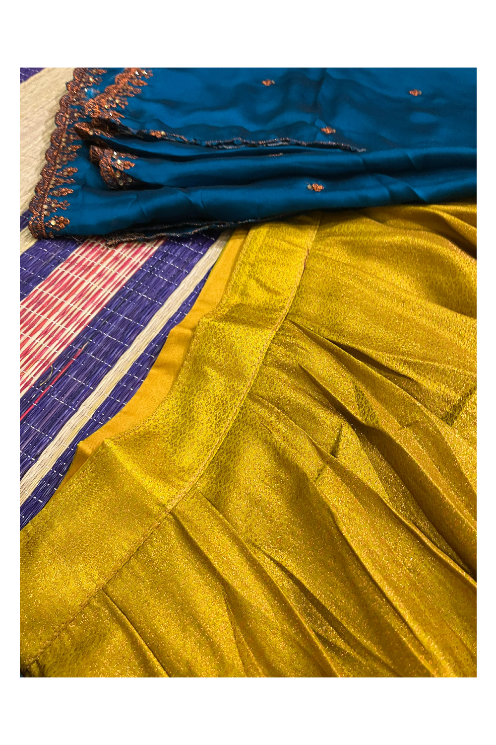 Semi Stitched Premium Semi SIlk Golden Yellow Dhavani Set with Blue Neriyathu and Blouse Piece