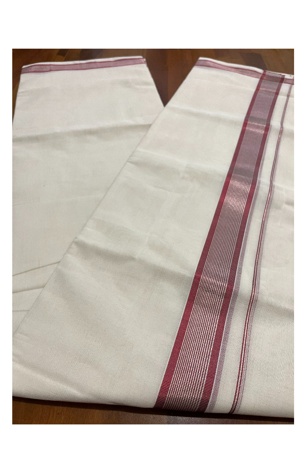 Southloom Premium Handloom Pure Cotton Mundu with Silver and Maroon Kasavu Border (Onam Mundu 2023)