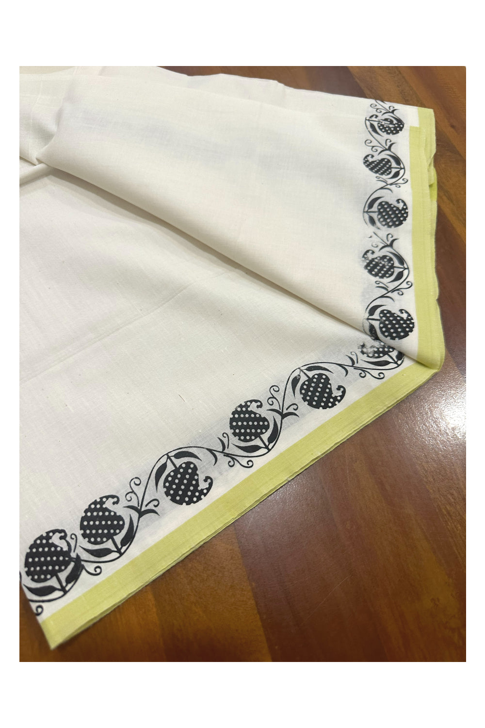 Kerala Cotton Set Mundu (Mundum Neriyathum) with Block Prints on Light Green Border (Onam Set Mundu 2023)