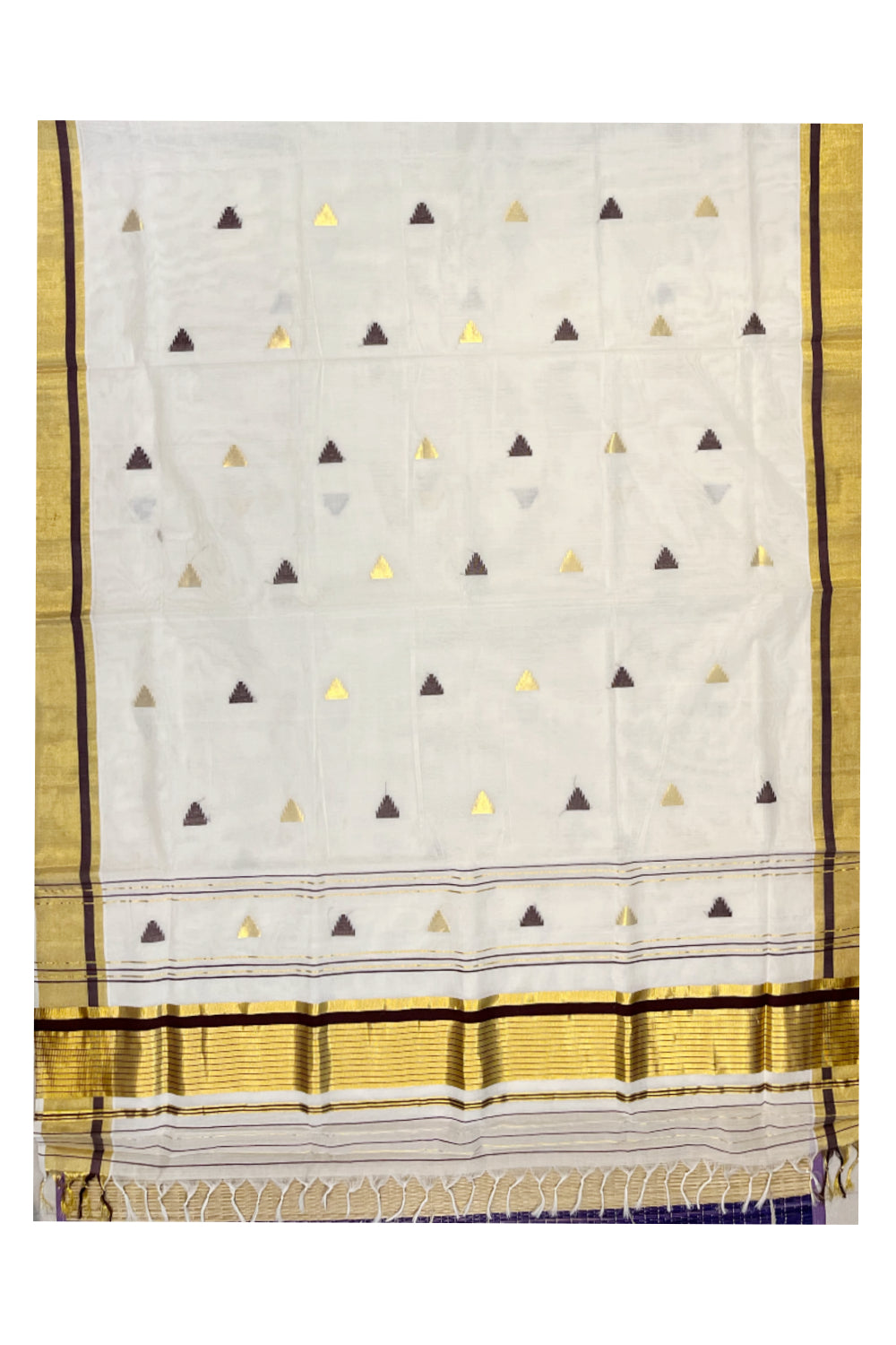 Southloom Premium Handloom Cotton Kasavu Saree with Golden And Brown Temple Woven Motifs