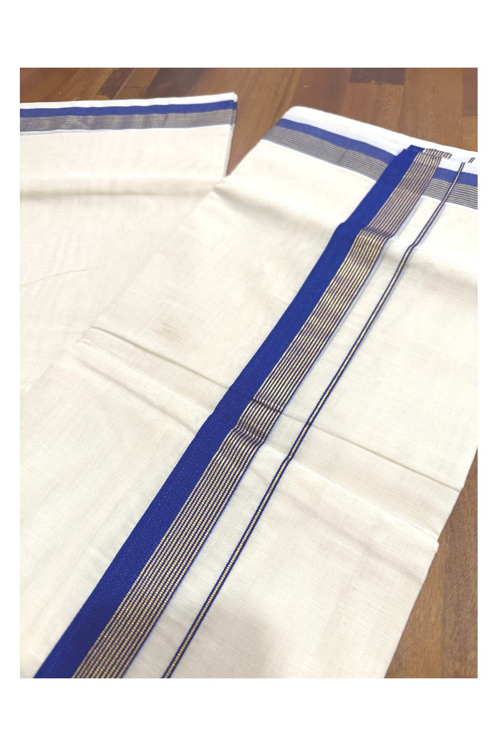 Southloom Premium Handloom Mundu with Blue and Kasavu Kara (Onam Mundu 2023)