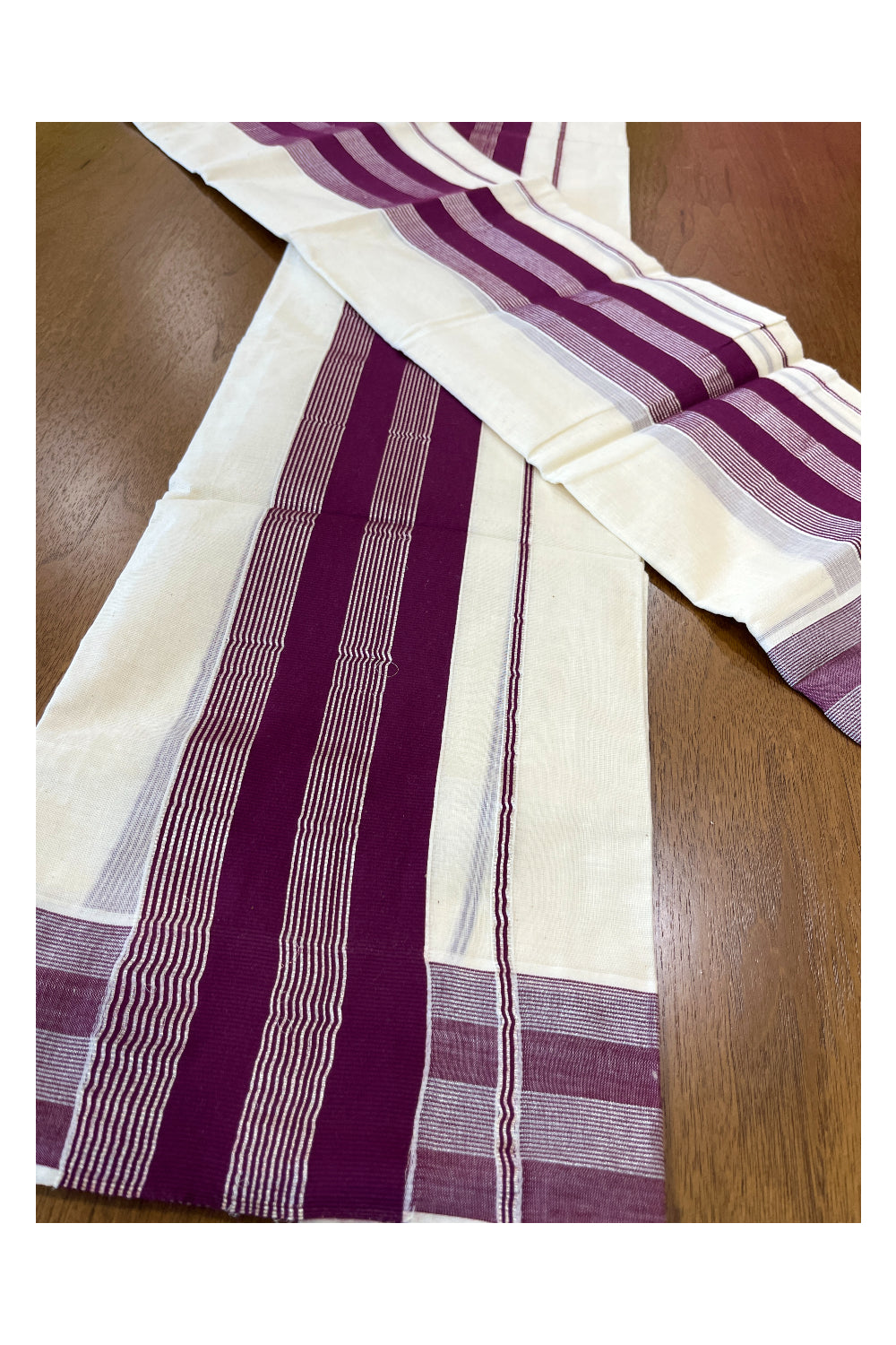 Cotton Set Mundu (Mundum Neriyathum) with Purple and Silver Line Kasavu on Border 2.80 Mtrs