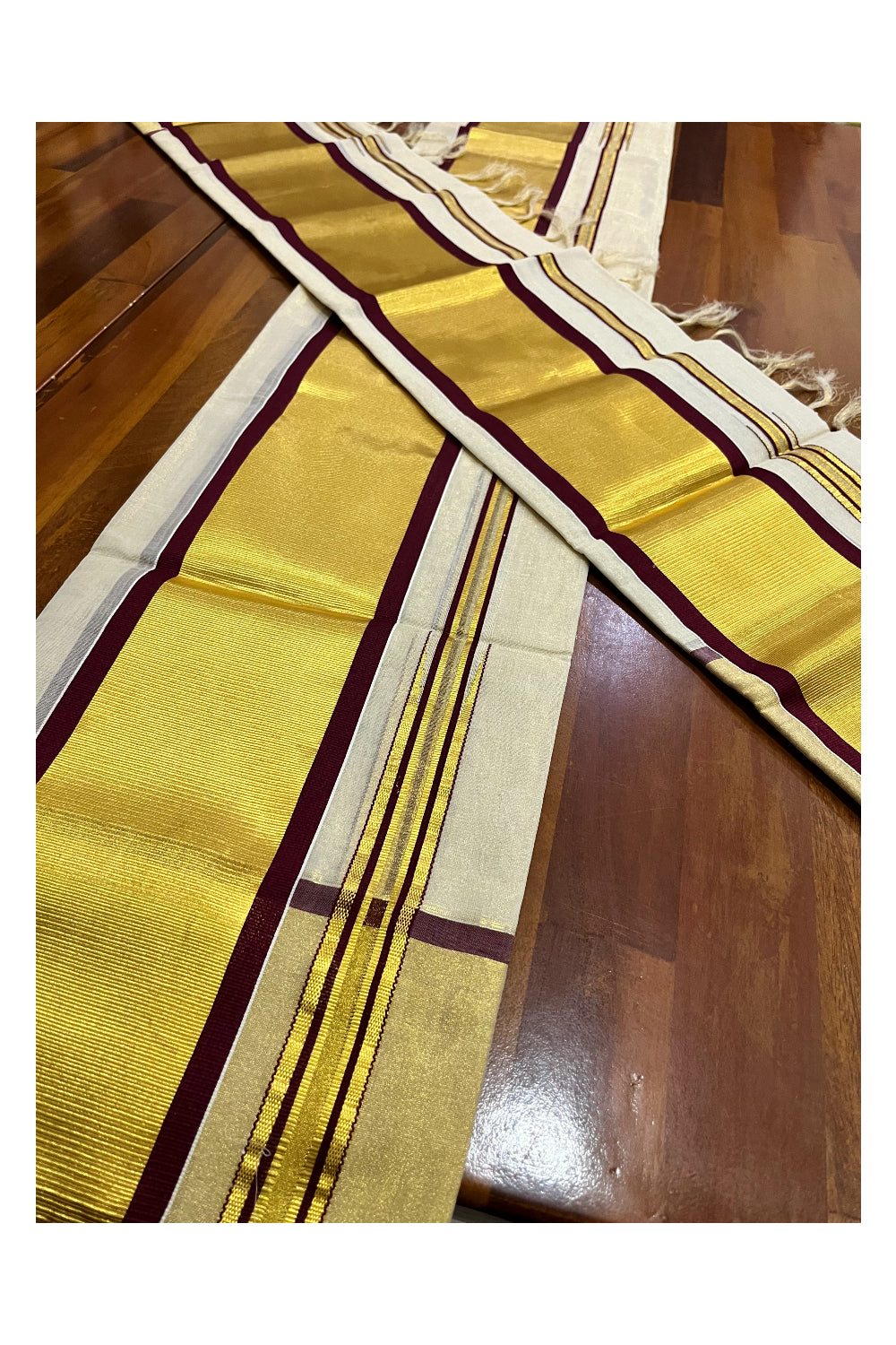 Southloom Handloom Premium Tissue Set Mundu (Mundum Neriyathum) with Maroon and Kasavu Border