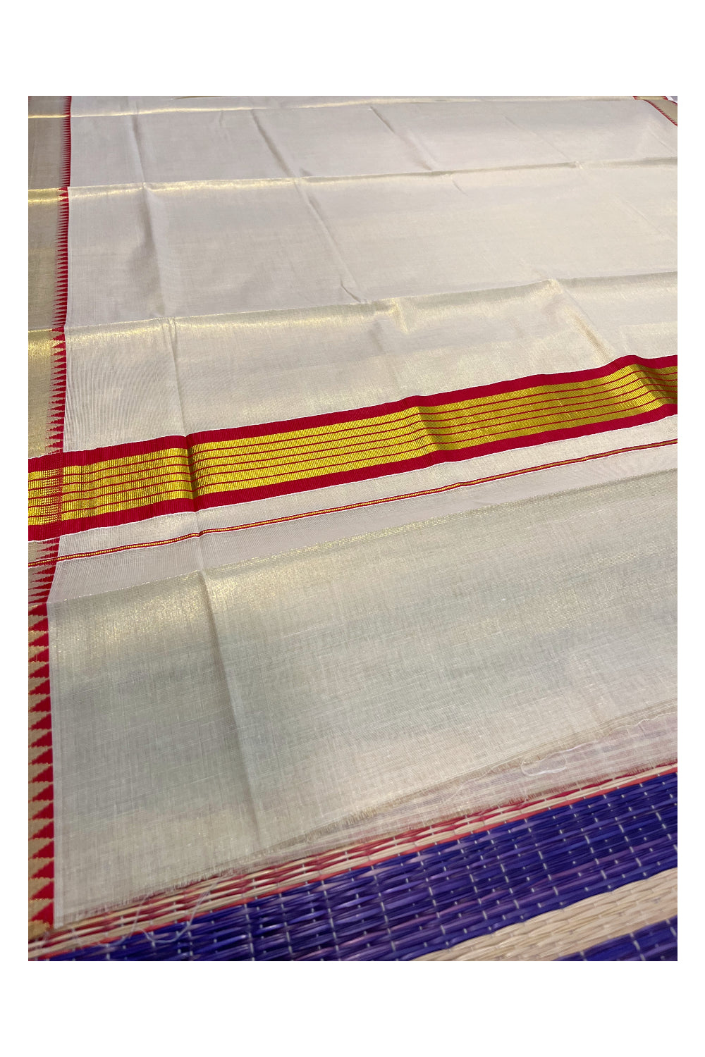 Kerala Tissue Kasavu Saree With Red Temple Woven Works on Border