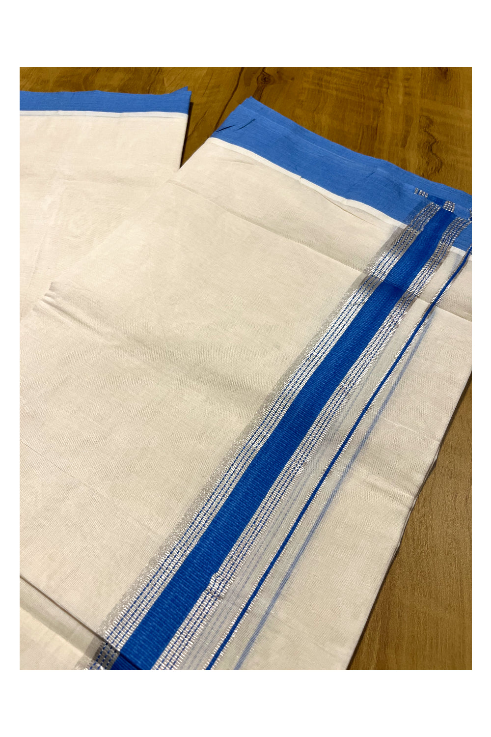 Pure Cotton Off White Double Mundu with Silver Kasavu and Blue Border (South Indian Kerala Dhoti)