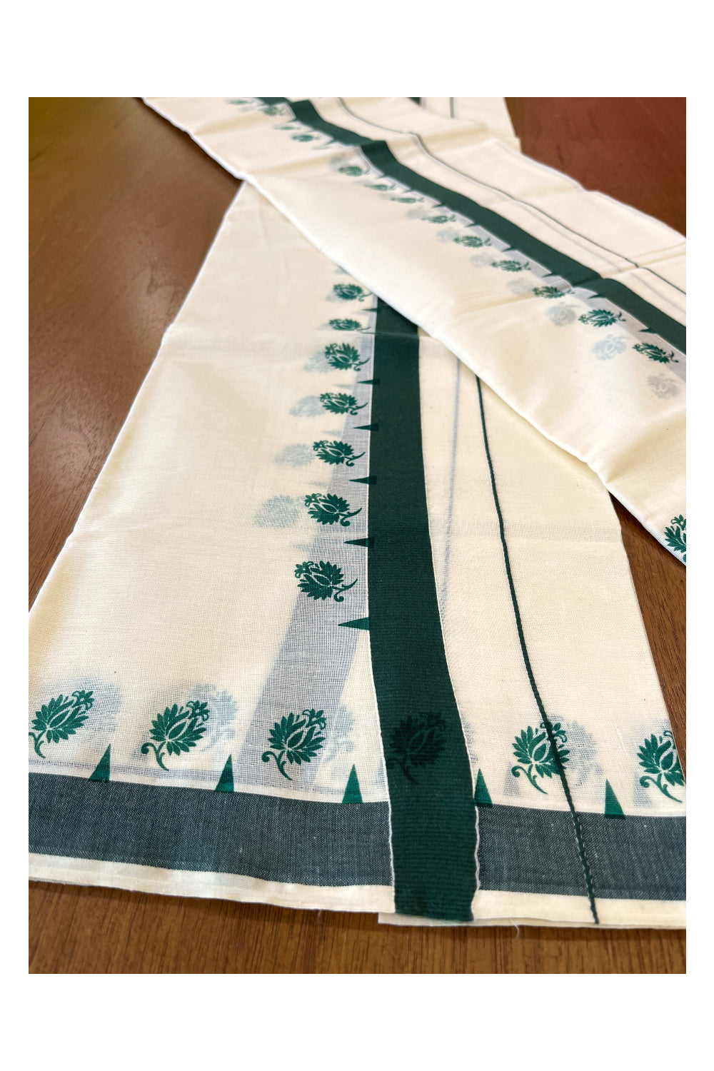 Cotton Single Set Mundu (Mundu Neriyathum) with Floral Block Prints on Green Border 2.80 Mtrs