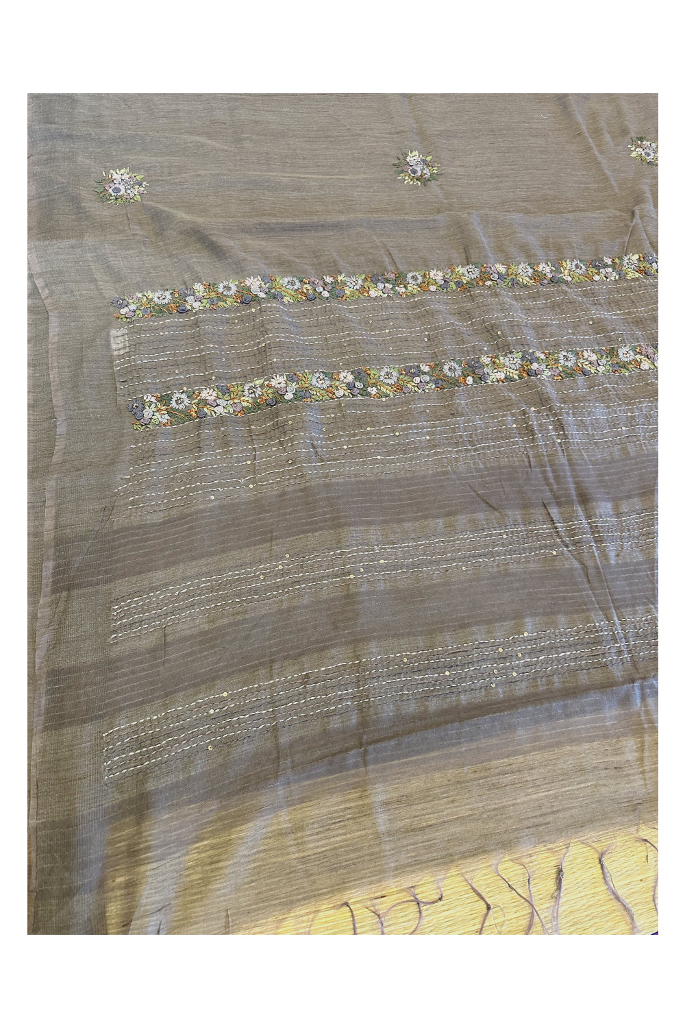 Southloom Dark Grey Linen Saree with Floral Hand Embroidered works