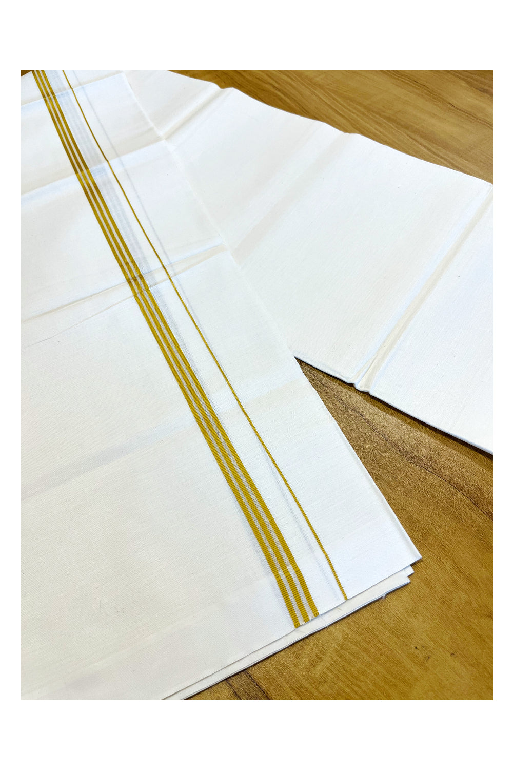 Southloom Off White Single Mundu / Lungi with Yellow Lines On Kara (South Indian Kerala Dhoti)