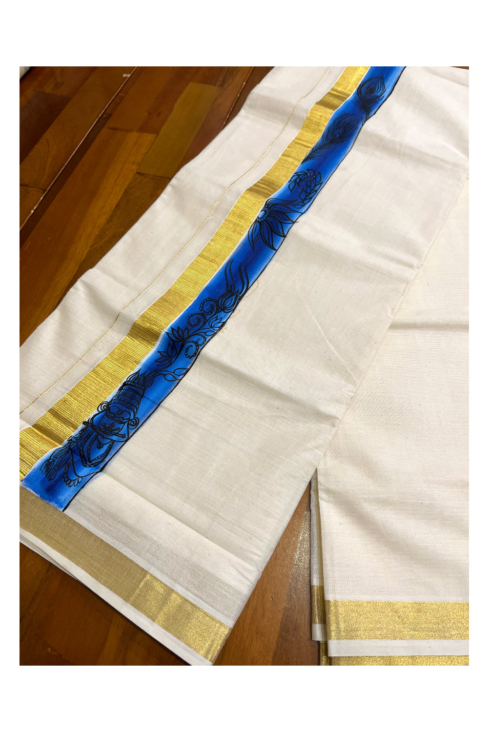 Kerala Pure Cotton Double Mundu with Hand Painted Designs on Kasavu Border(South Indian Kerala Dhoti)