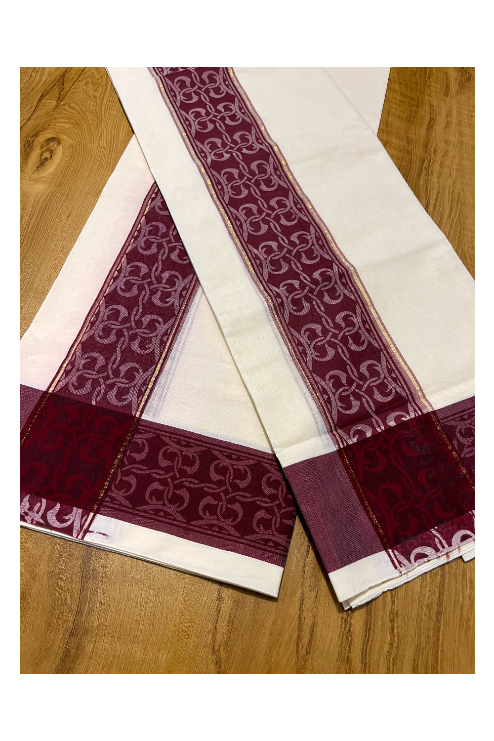 Kerala Cotton Single Set Mundu (Mundum Neriyathum) with Maroon Block print Border 2.80Mtrs