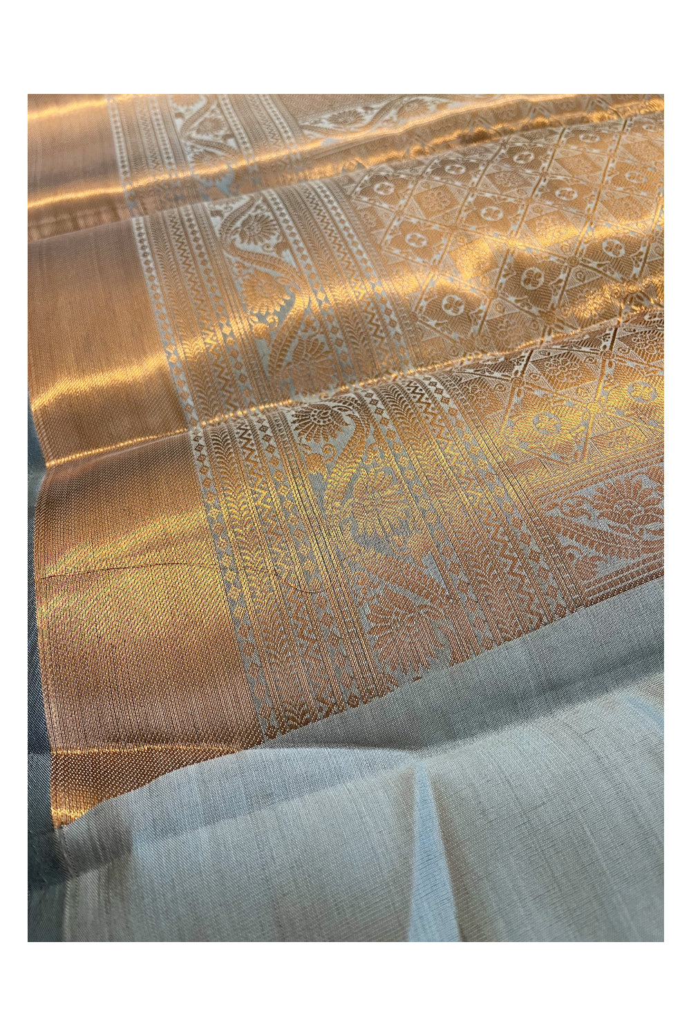 Southloom Premium Semi Silk Zari Work Brocade Saree in Bridal Grey with Matching Pallu (Kanchipuram Pattu Saree)