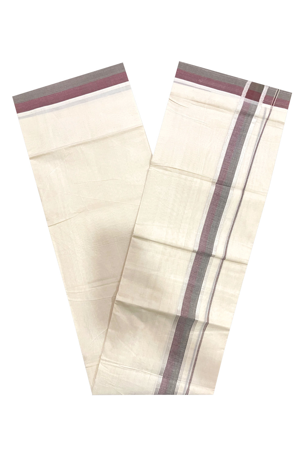 Kerala Pure Cotton Double Mundu with Maroon Grey and Silver Kasavu Border (South Indian Kerala Dhoti)