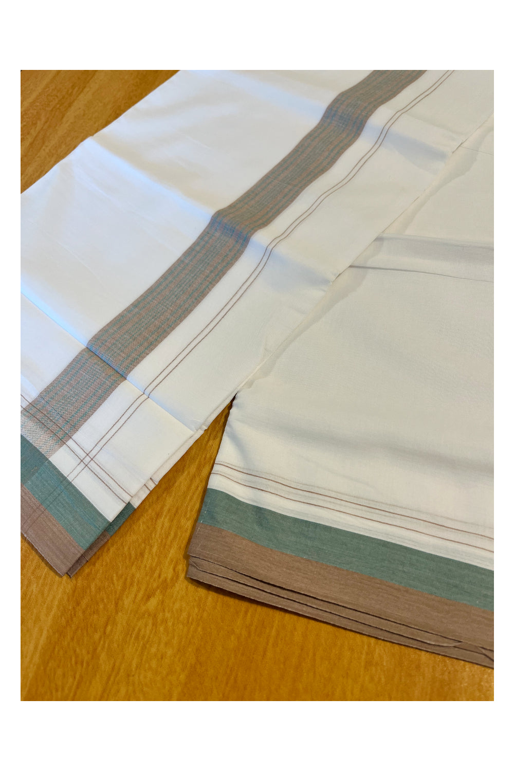 Pure White Cotton Double Mundu with Green And Brown Border (South Indian Kerala Dhoti)