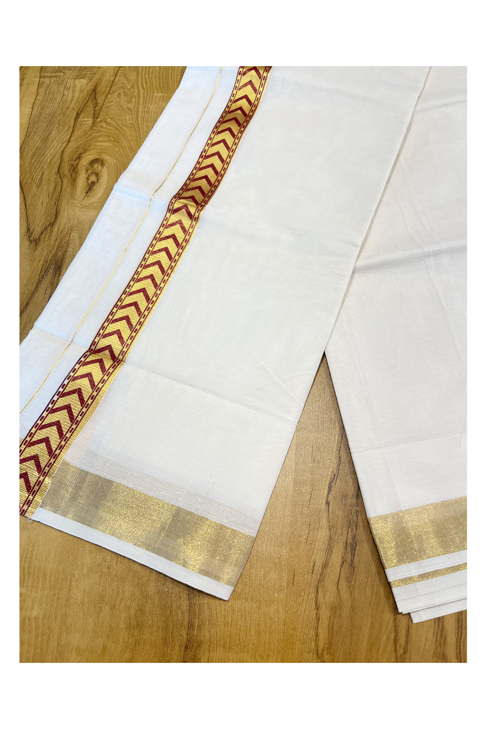 Southloom Kasavu Double Mundu with Maroon Tribal / Retro Design Print on Kasavu Kara