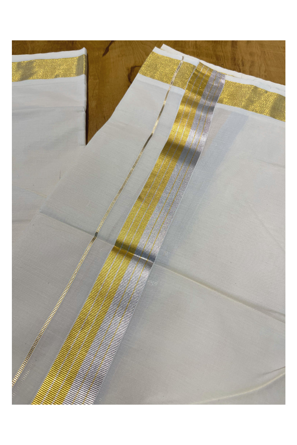 Pure Cotton Off White Mundu with Silver and Golden Kasavu Lines Border (South Indian Kerala Dhoti)