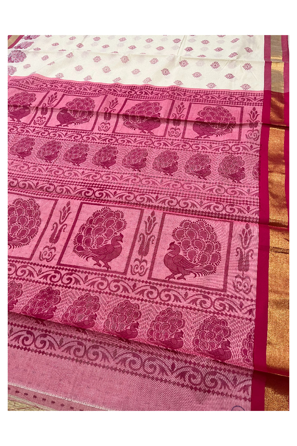 Pure Cotton Kerala Saree with Magenta Block Print Peacock Designs and Kasavu Border (Vishu 2024 Collection)