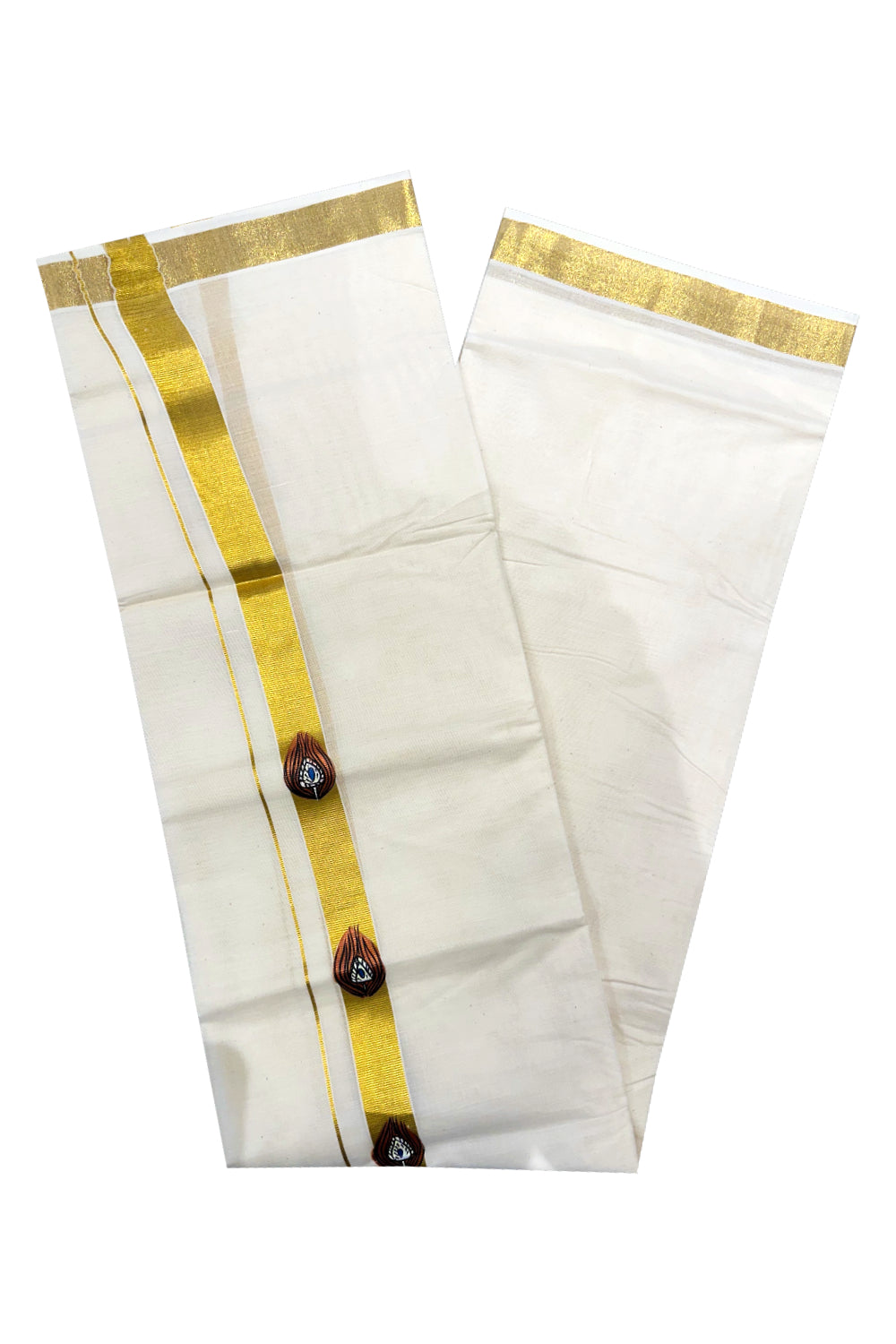 Off White Pure Cotton Double Mundu with Feather Mural Painted Design on Kasavu Kara (South Indian Dhoti)