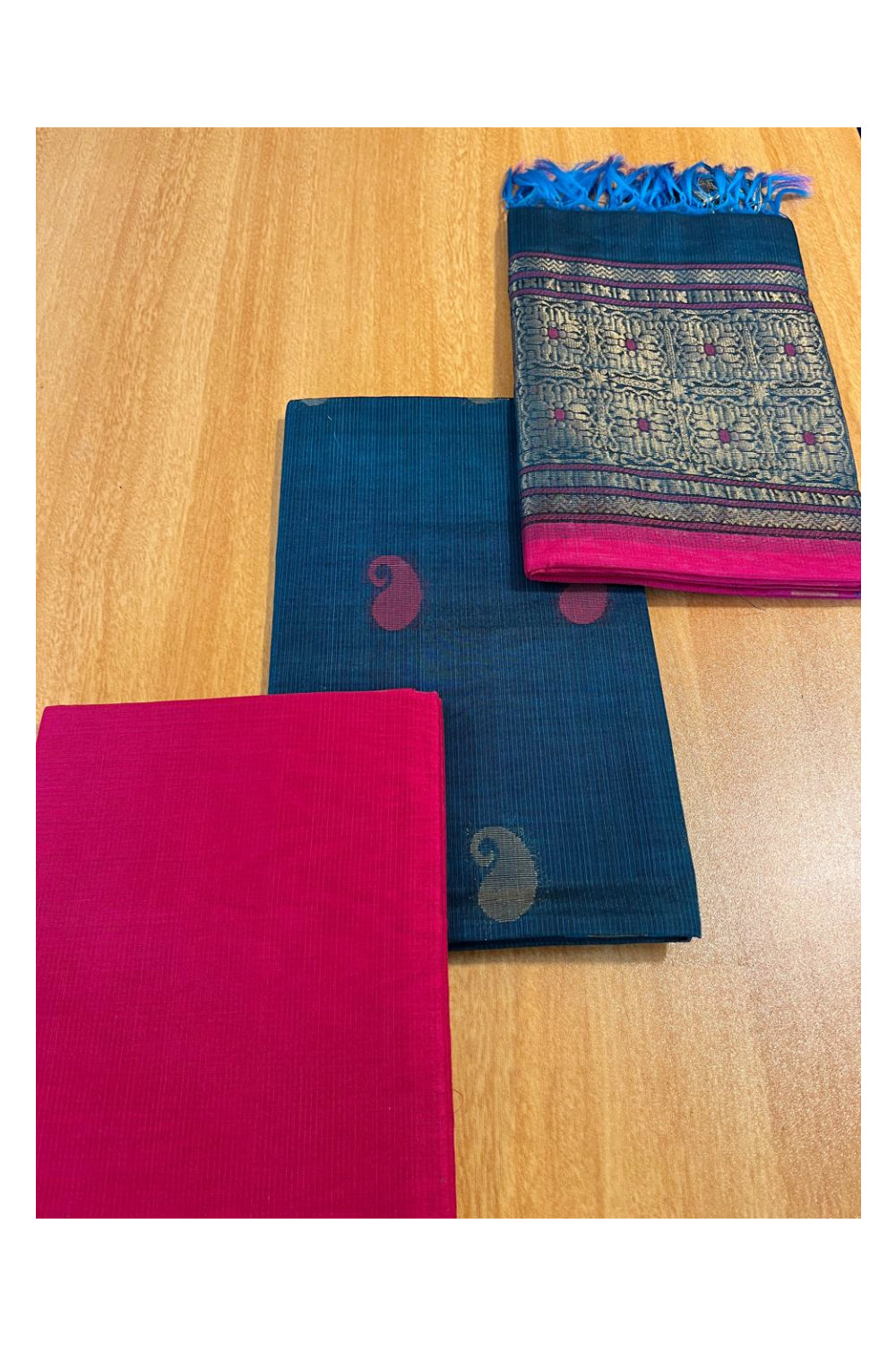 Southloom™ Original Handloom Cotton Pure Silk 3 Piece Blue and Pink Salwar Material with Woven Zari Butta Work