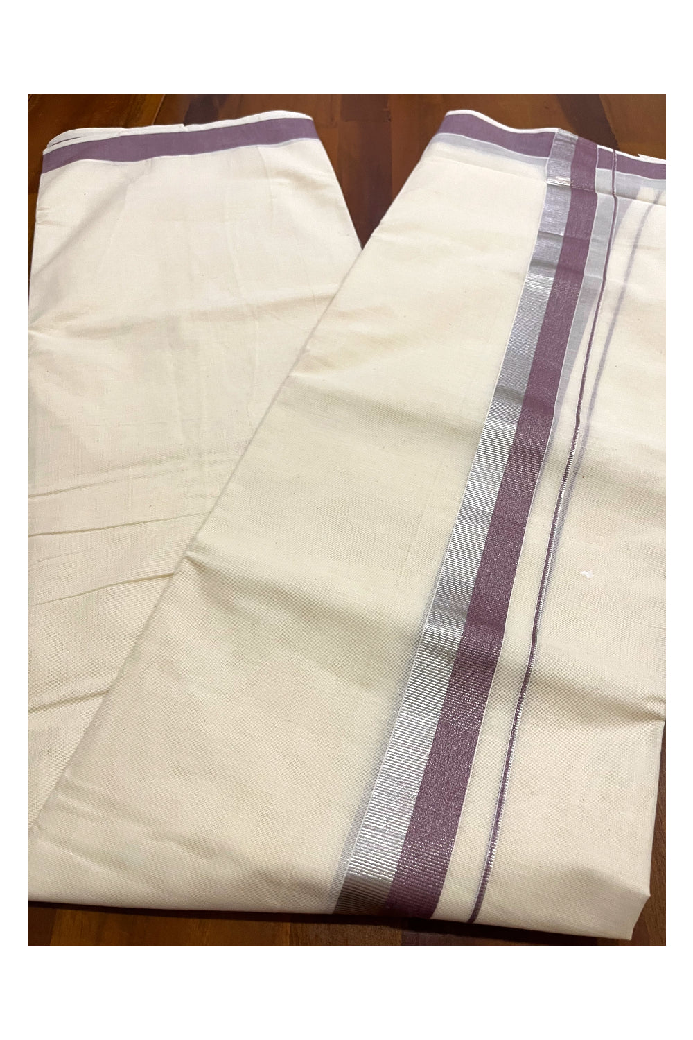 Kerala Cotton Double Mundu with Purple and Silver Kasavu Border (Onam Mundu 2023)