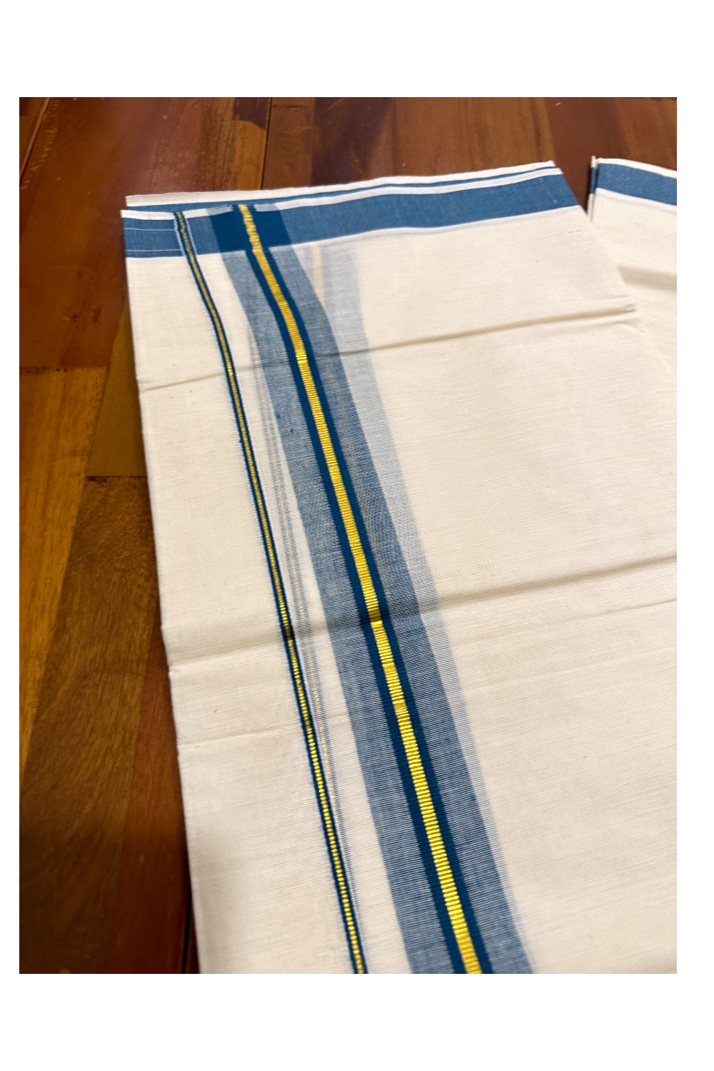 Kerala Cotton Double Mundu with Blue and Kasavu Border (Onam Mundu 2023)