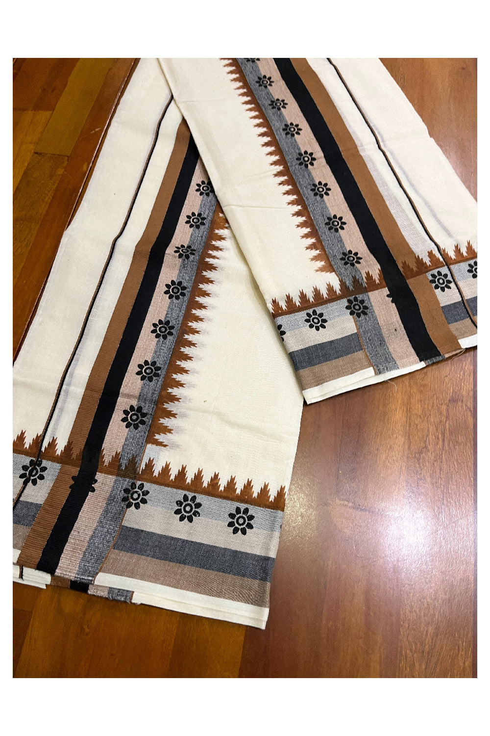 Kerala Pure Cotton Single Set Mundu (Mundum Neriyathum) with Black Floral Block Prints on Brown Temple Border - 2.60Mtrs