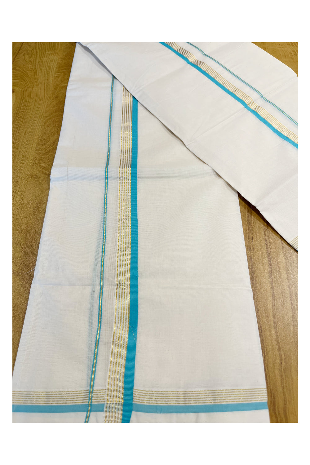 Kerala Pure Cotton Set Mundu Single (Mundum Neriyathum) with Blue and Kasavu Border 2.80 Mtrs