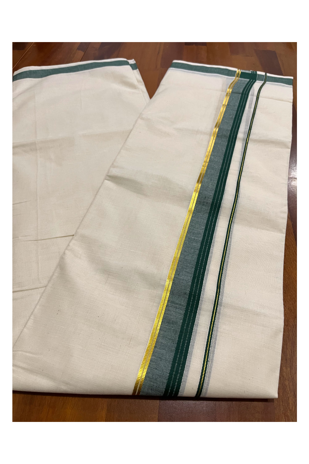 Pure Cotton Kerala Double Mundu with Dark Green and Kasavu Kara (South Indian Kerala Dhoti)