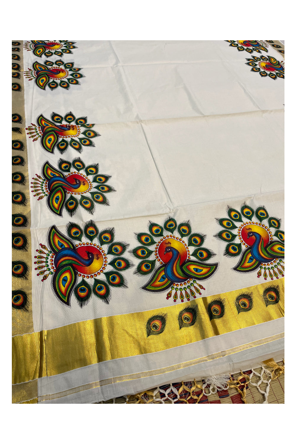 Pure Cotton Kerala Kasavu Saree with Mural Peacock Printed Art Design and Printed Border