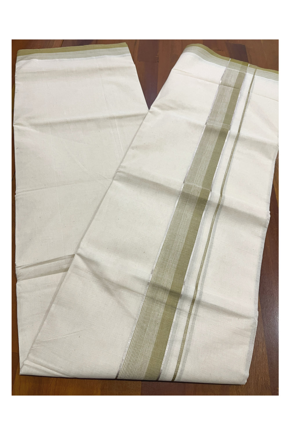 Pure Cotton Kerala Double Mundu with Kasavu and Light Green Kara (South Indian Kerala Dhoti)