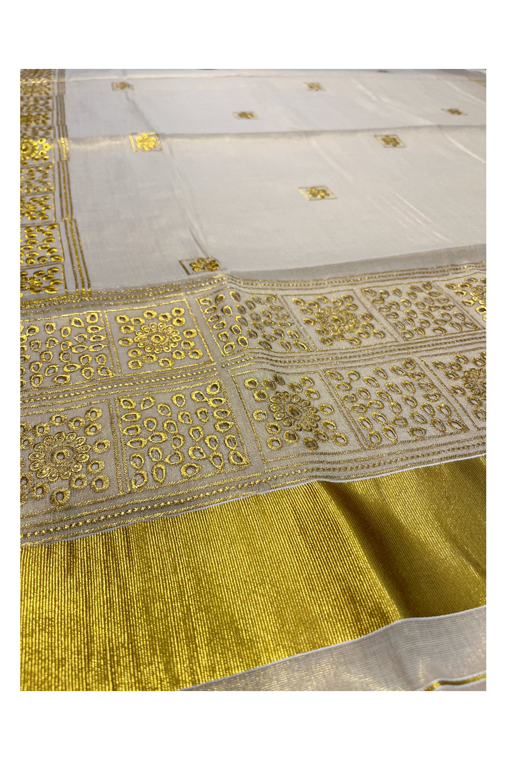 Southloom Tissue Kasavu Saree with Golden Embroidery Work