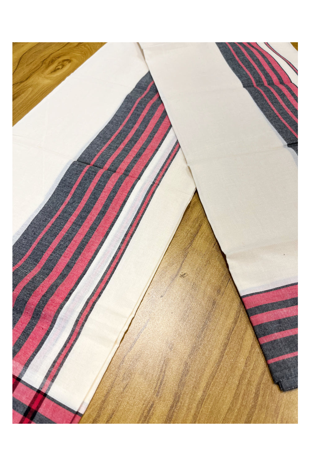 Pure Cotton Mundum Neriyathum Double (Set Mundu) with Black and Pink Border