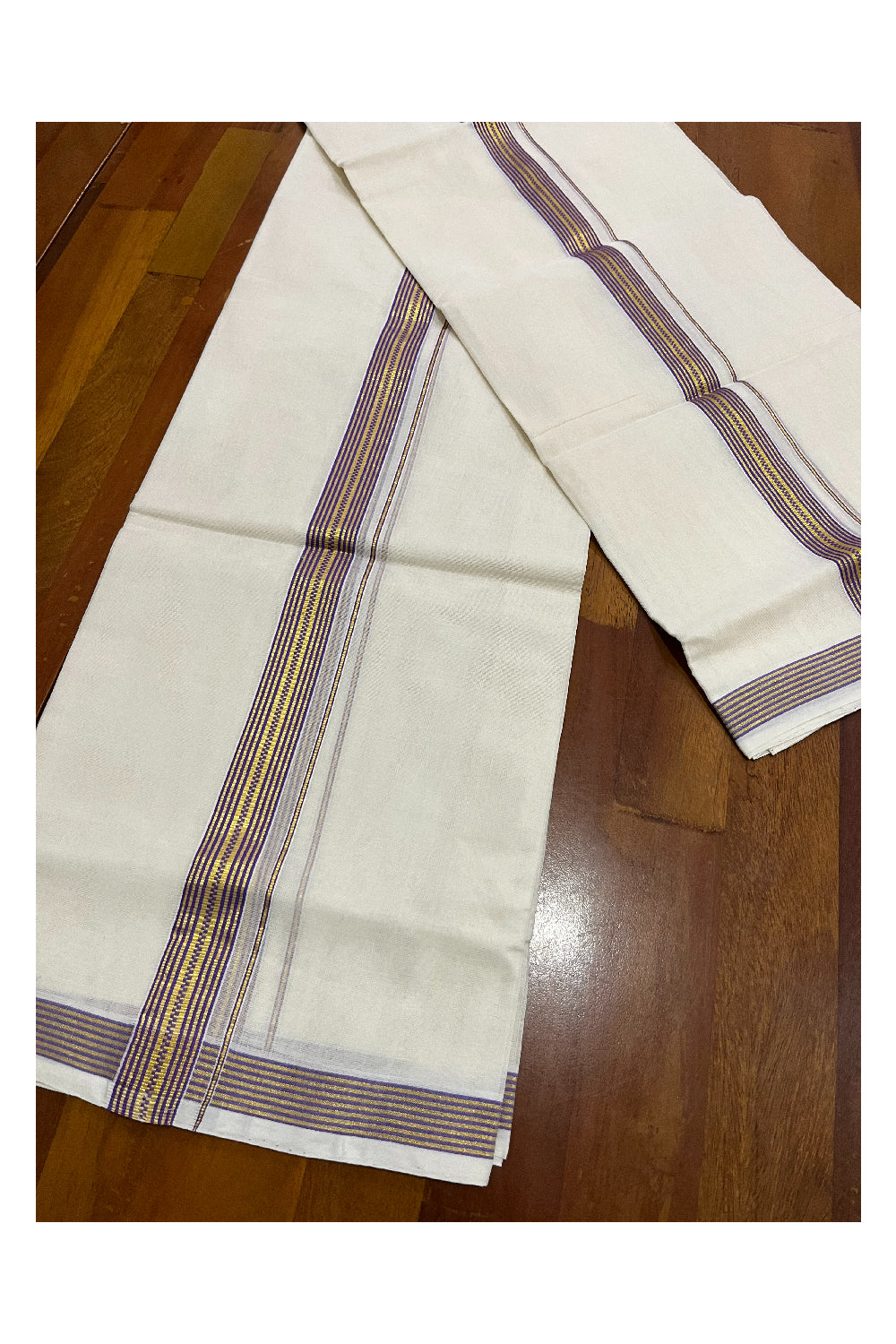 Pure Cotton Handloom Premium Kasavu Set Mundu (Mundum Neriyathum) with Violet and Kasavu Border (Onam Set Mundu 2023)