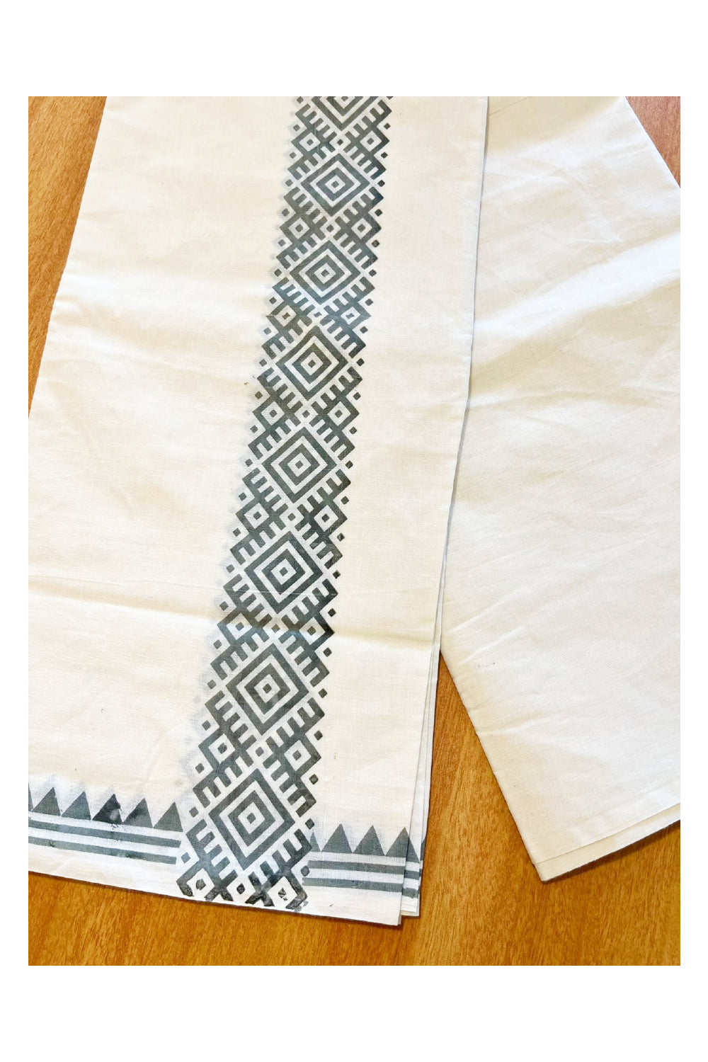 Pure Cotton Off White Double Mundu with Grey Block Prints On Border (South Indian Kerala Dhoti)