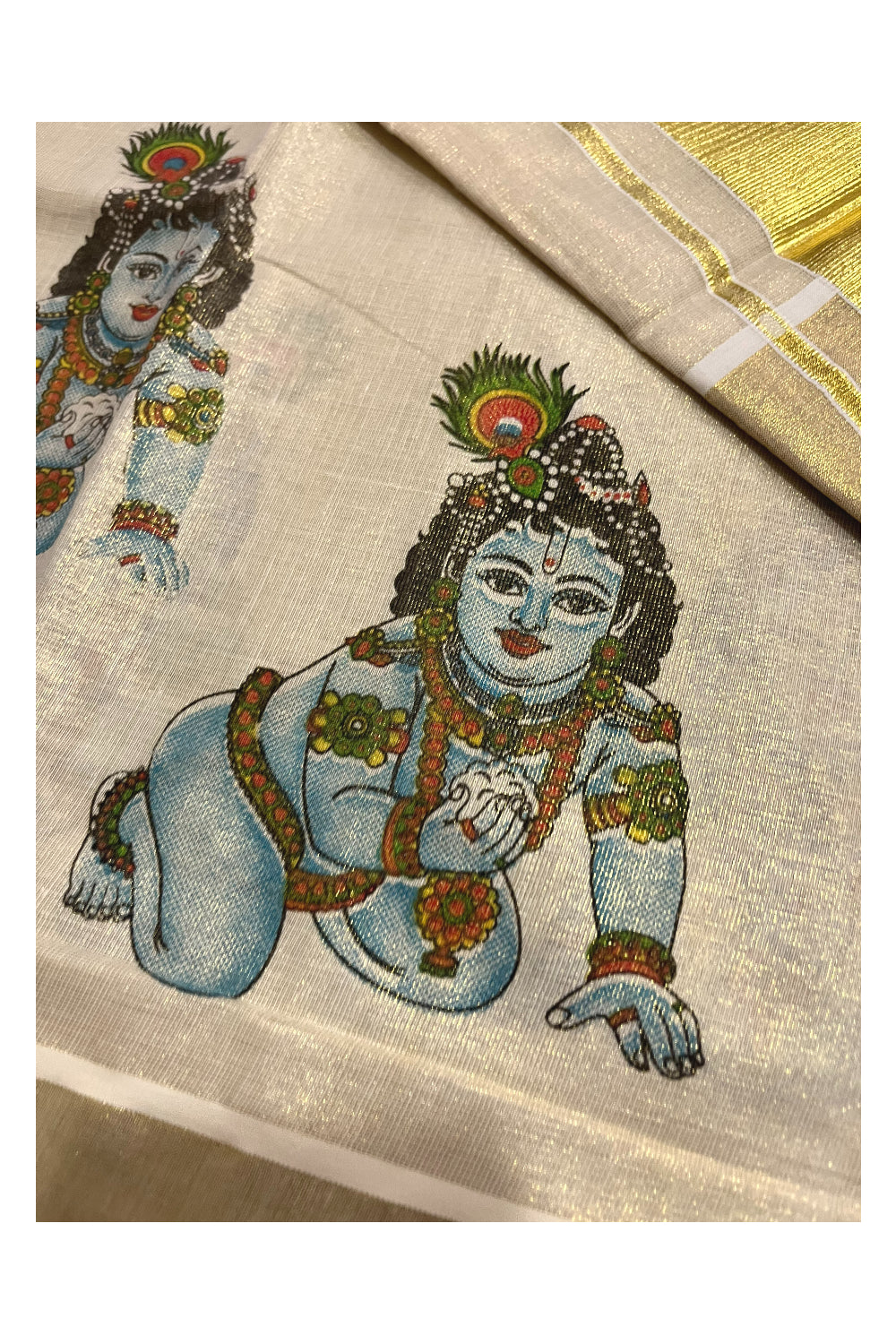 Kerala Tissue Kasavu Set Mundu (Mundum Neriyathum) with Baby Krishna Mural Printed Design (Onam Set Mundu 2023)